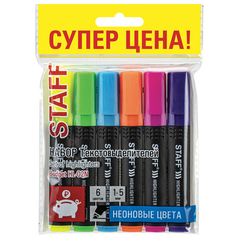Набор текстовыделителей STAFF "Basic Budget HL-02N", 6 ЦВЕТОВ, НЕОН, Набор текстовыделителей STAFF "Basic Budget HL-02N", 6 ЦВЕТОВ, НЕОН,