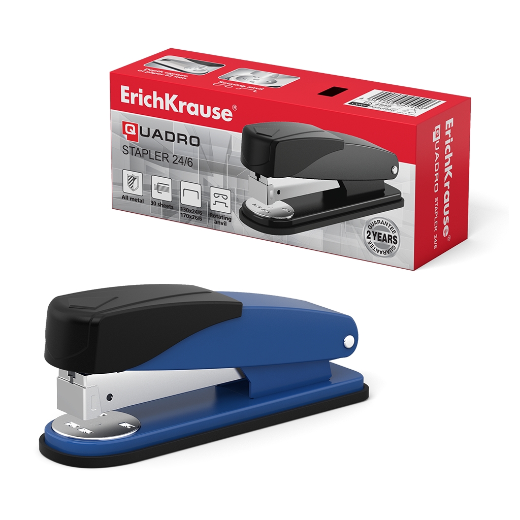 Степлер №24/6 ErichKrause® Quadro Half-strip до 30 листов, ассорти (в коробке по Степлер №24/6 ErichKrause® Quadro Half-strip до 30 листов, ассорти (в коробке по