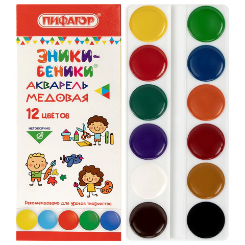 Краски акварельные медовые ПИФАГОР "ЭНИКИ-БЕНИКИ NEW", 12 цветов, Краски акварельные медовые ПИФАГОР "ЭНИКИ-БЕНИКИ NEW", 12 цветов,