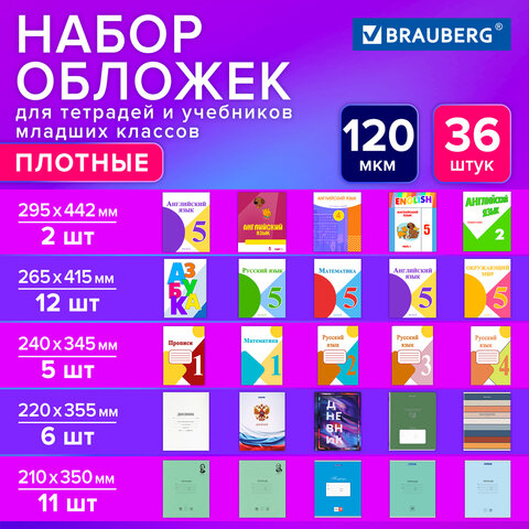 Обложки ПВХ для тетрадей и учебников младших классов, НАБОР 36 шт., ПЛОТНЫЕ, 120