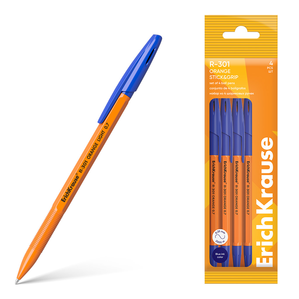 Набор из 4 ручек шариковых Erich Krause R-301 Stick&Grip Orange 0.7, цвет Набор из 4 ручек шариковых Erich Krause R-301 Stick&Grip Orange 0.7, цвет