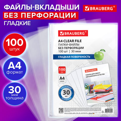 Папки-файлы БЕЗ ПЕРФОРАЦИИ для хранения и защиты документов А4 BRAUBERG,