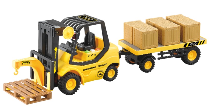 Погрузчик вилочный с прицепом и коробками 1:16, свет, звук, фрикция Погрузчик вилочный с прицепом и коробками 1:16, свет, звук, фрикция