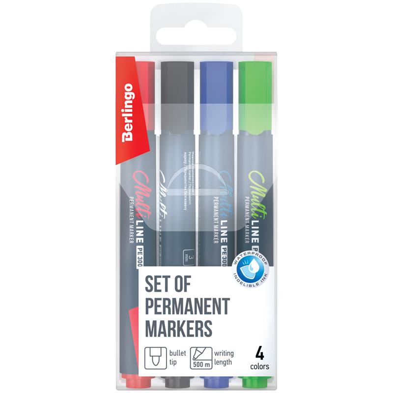 Набор перманентных маркеров Berlingo "MultiLine PE300" 4цв., Набор перманентных маркеров Berlingo "MultiLine PE300" 4цв.,