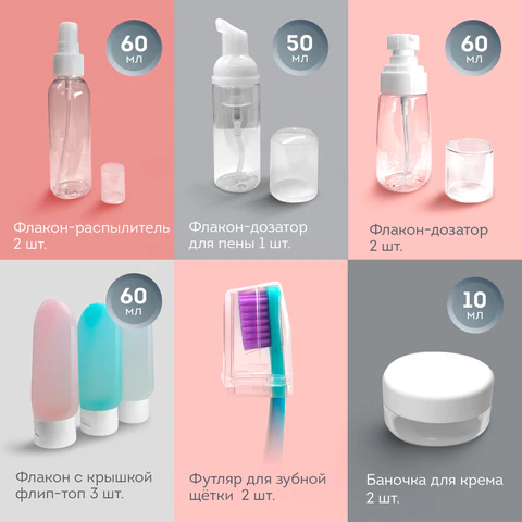 Дорожный набор флаконов в косметичке, 10 флаконов (3х60 мл / 5х50 мл / 2х10 мл), Дорожный набор флаконов в косметичке, 10 флаконов (3х60 мл / 5х50 мл / 2х10 мл),