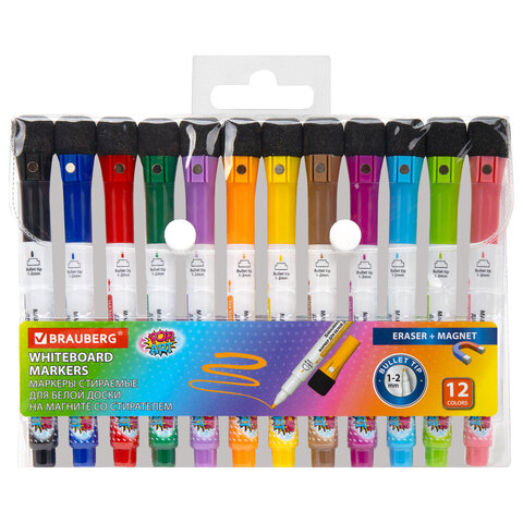 Маркеры на магните со стирателем для белой доски и планера, 12 цветов, BRAUBERG Маркеры на магните со стирателем для белой доски и планера, 12 цветов, BRAUBERG