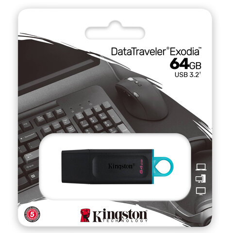 Флеш-диск 64GB KINGSTON DataTraveler Exodia, разъем USB 3.2, черный/бирюзовый,