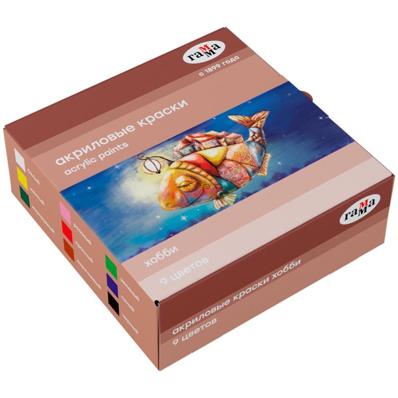 Краски акриловые декоративные Гамма "Хобби", 9 цветов, 20мл, картон Краски акриловые декоративные Гамма "Хобби", 9 цветов, 20мл, картон