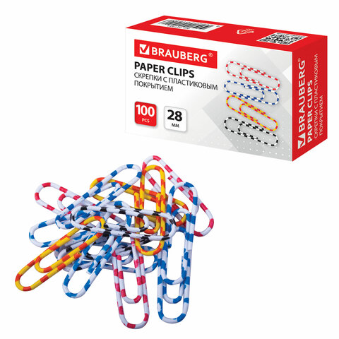 Скрепки BRAUBERG, 28 мм с цветными полосками, 100 шт., в картонной коробке,