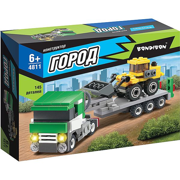 Конструктор Bondibon, Город, Тягач с платформой и бульдозер, 145 деталей Конструктор Bondibon, Город, Тягач с платформой и бульдозер, 145 деталей
