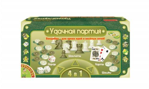 Удачная партия Бондибон BOX 4 в 1 шашки, шахматы, нарды, карты арт. 9841 Удачная партия Бондибон BOX 4 в 1 шашки, шахматы, нарды, карты арт. 9841