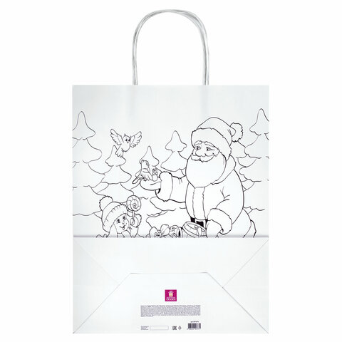 Пакет-раскраска подарочный (1 штука) новогодний 26x13x32 см, белый крафт,
