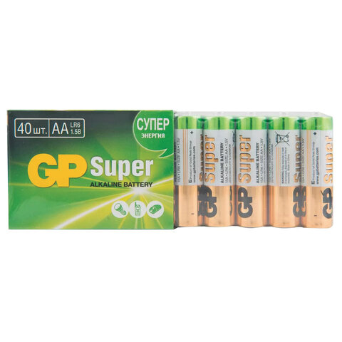 Батарейки GP Super, AA (LR6, 15А) алкалиновые, пальчиковые, КОМПЛЕКТ 40 шт.,