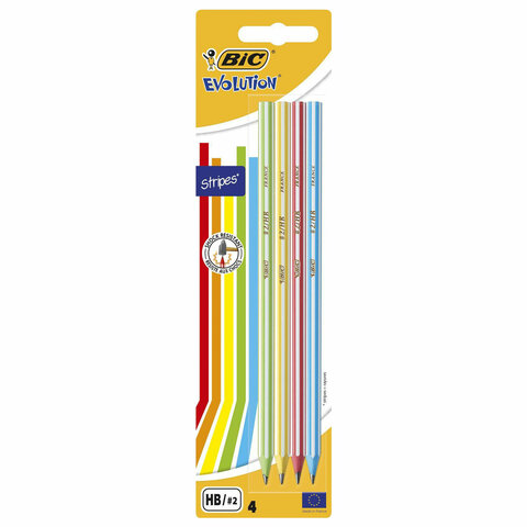 Карандаши чернографитные BIC Evolution "Stripes", НАБОР 4 шт., HB, Карандаши чернографитные BIC Evolution "Stripes", НАБОР 4 шт., HB,
