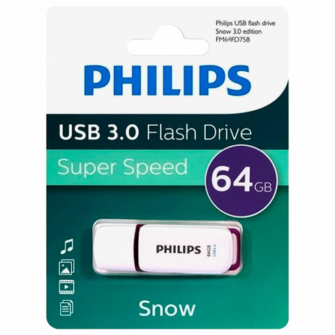 Флеш-диск 64 GB PHILIPS SNOW, разъем USB 3.0, фиолетовый, FM64FD75B/97 Флеш-диск 64 GB PHILIPS SNOW, разъем USB 3.0, фиолетовый, FM64FD75B/97