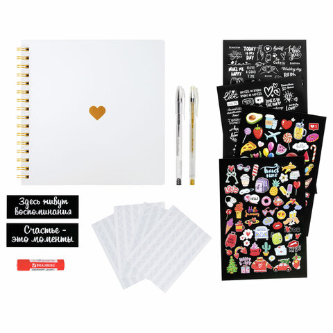 Фотоальбом 22х22 см, 20 белых листов, уголки, стикеры, ручки, клей, BRAUBERG Фотоальбом 22х22 см, 20 белых листов, уголки, стикеры, ручки, клей, BRAUBERG