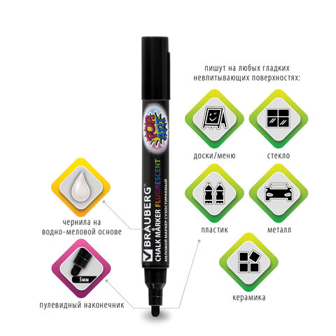 Маркер меловой BRAUBERG "POP-ART", сухостираемый, для гладких Маркер меловой BRAUBERG "POP-ART", сухостираемый, для гладких