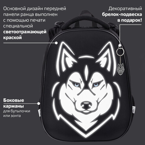 Ранец BRAUBERG SHINY, 2 отделения, с брелоком, "Husky", СВЕТЯЩИЙСЯ