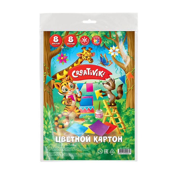 Картон цветной немелованный Creativiki А4 8 цветной 8 л. 190 г/м2 с европодвесом Картон цветной немелованный Creativiki А4 8 цветной 8 л. 190 г/м2 с европодвесом