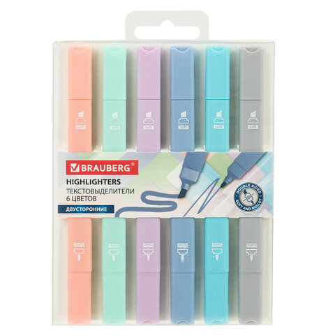 Набор текстовыделителей двусторонних 6 ПАСТЕЛЬНЫХ ЦВЕТОВ, BRAUBERG