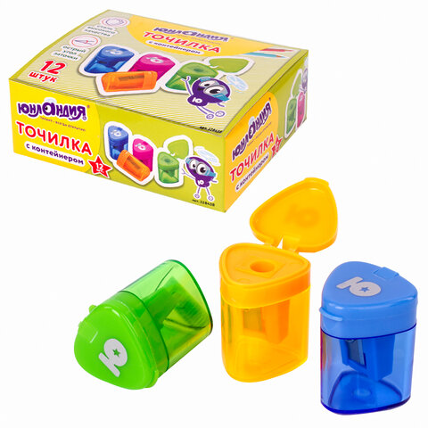 Точилка ЮНЛАНДИЯ "Трио", с контейнером, пластиковая, корпус ассорти, Точилка ЮНЛАНДИЯ "Трио", с контейнером, пластиковая, корпус ассорти,