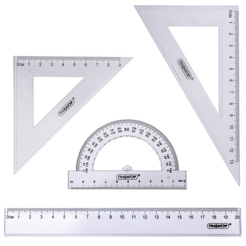 Набор чертежный ПИФАГОР (линейка 20 см, 2 треугольника, транспортир),