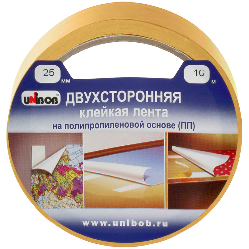 Клейкая лента двусторонняя Unibob, 25мм*10м, полипропилен, инд. упаковка Клейкая лента двусторонняя Unibob, 25мм*10м, полипропилен, инд. упаковка