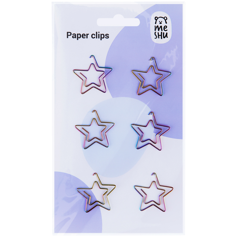Скрепки фигурные 25мм, Meshu "Stars", 6шт., пакет с европодвесом Скрепки фигурные 25мм, Meshu "Stars", 6шт., пакет с европодвесом