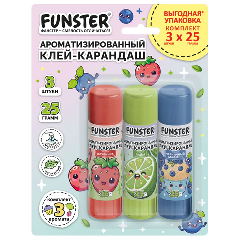 Клей-карандаш ароматизированный FUNSTER (ФАНСТЕР), клубника, лайм, черничный Клей-карандаш ароматизированный FUNSTER (ФАНСТЕР), клубника, лайм, черничный