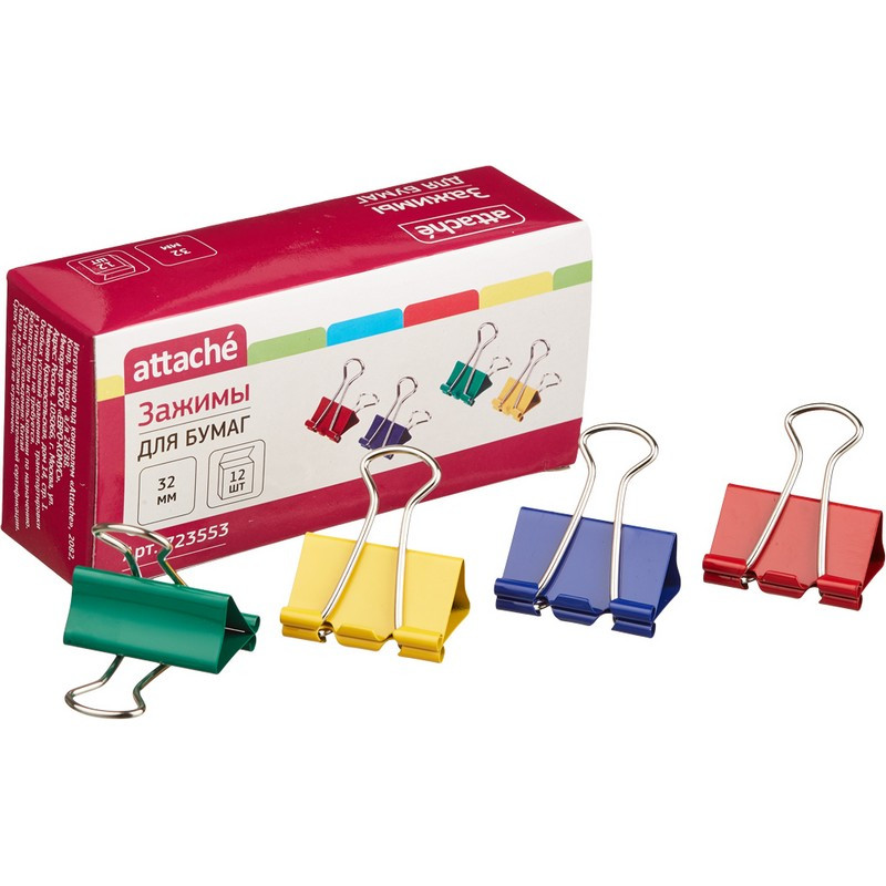 Зажим для бумаг Attache, 32 мм, 12 шт., цветные, в карт.коробке Зажим для бумаг Attache, 32 мм, 12 шт., цветные, в карт.коробке