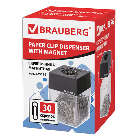 Скрепочница магнитная BRAUBERG с 30 скрепками, прозрачный корпус, черная крышка, Скрепочница магнитная BRAUBERG с 30 скрепками, прозрачный корпус, черная крышка,