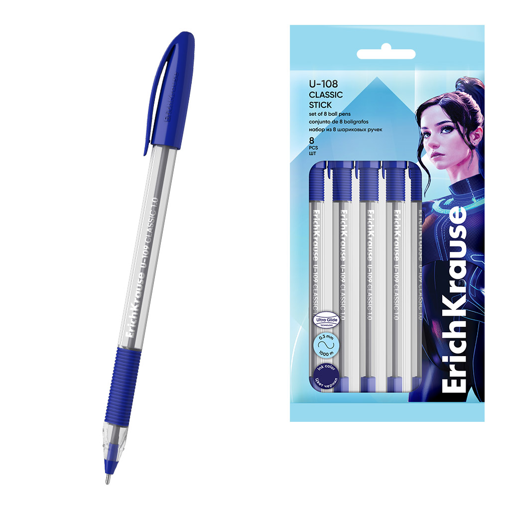 Набор из 8 ручек шариковых ErichKrause U-108 Stick Classic 1.0, Ultra Glide Набор из 8 ручек шариковых ErichKrause U-108 Stick Classic 1.0, Ultra Glide