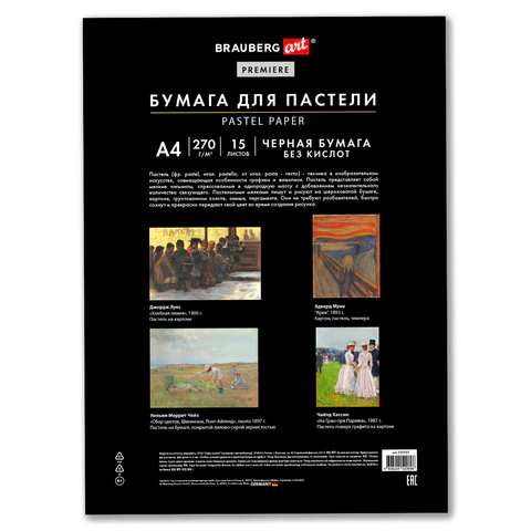 Бумага для пастели ФАКТУРНАЯ, А4, в папке, 15 листов, ЧЕРНАЯ, 270 г/м2, BRAUBERG