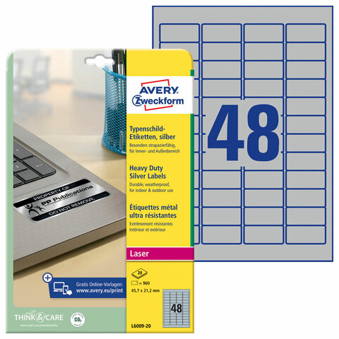 Этикетка самоклеящаяся 45,7х21,2 мм, 48 этикеток, полиэстер, серебро, 20 листов, Этикетка самоклеящаяся 45,7х21,2 мм, 48 этикеток, полиэстер, серебро, 20 листов,