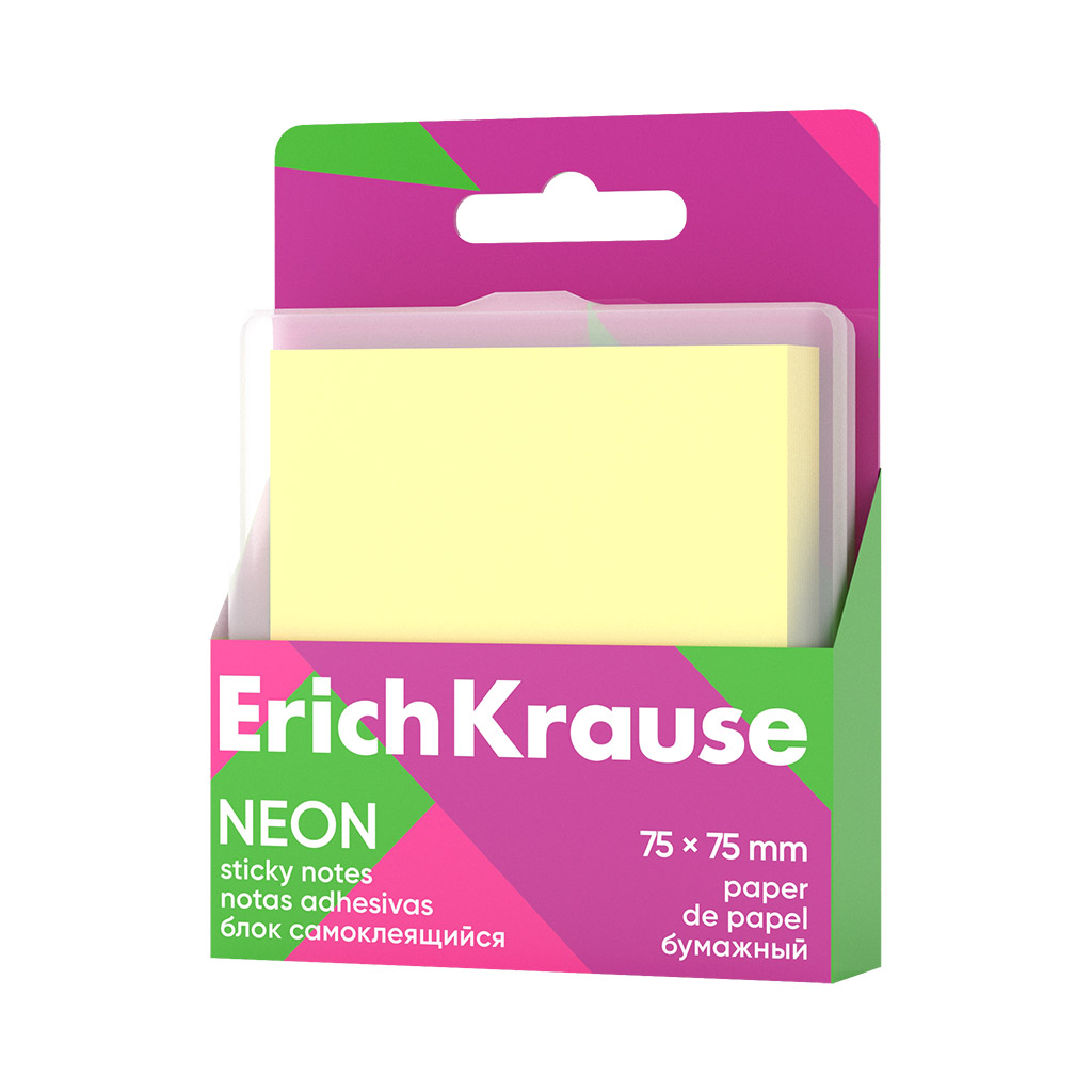 Блок самоклеящийся бумажный ErichKrause Neon, 75х75 мм, 80 листов, желтый (в Блок самоклеящийся бумажный ErichKrause Neon, 75х75 мм, 80 листов, желтый (в