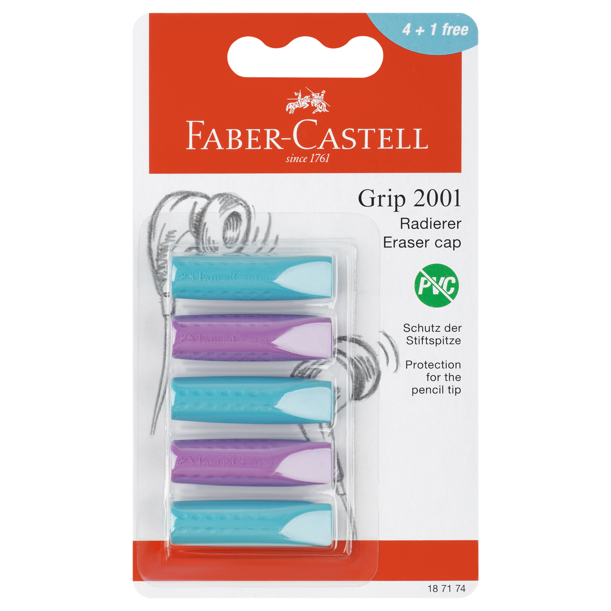 Набор ластиков-колпачков Faber-Castell "Grip 2001" 5шт., трехгранные, Набор ластиков-колпачков Faber-Castell "Grip 2001" 5шт., трехгранные,