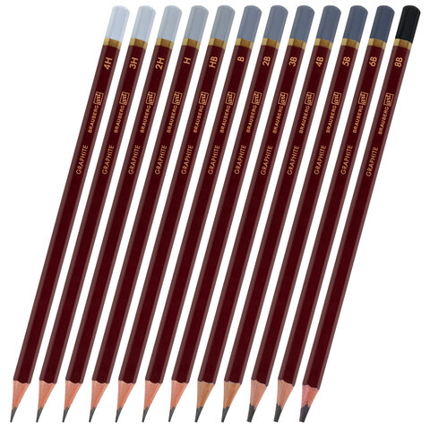 Карандаши чернографитные художественные 4H-8B, НАБОР 12 шт., В ПЕНАЛЕ, BRAUBERG