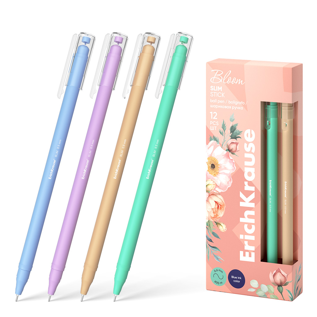 Ручка шариковая ErichKrause Slim Stick Pastel Bloom 0.7, цвет чернил синий (в Ручка шариковая ErichKrause Slim Stick Pastel Bloom 0.7, цвет чернил синий (в