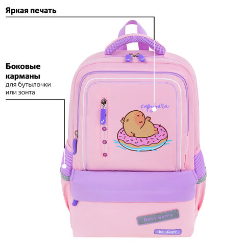 Рюкзак BRAUBERG STAR, 1 отделение, 5 карманов, "Capybara", розовый, Рюкзак BRAUBERG STAR, 1 отделение, 5 карманов, "Capybara", розовый,