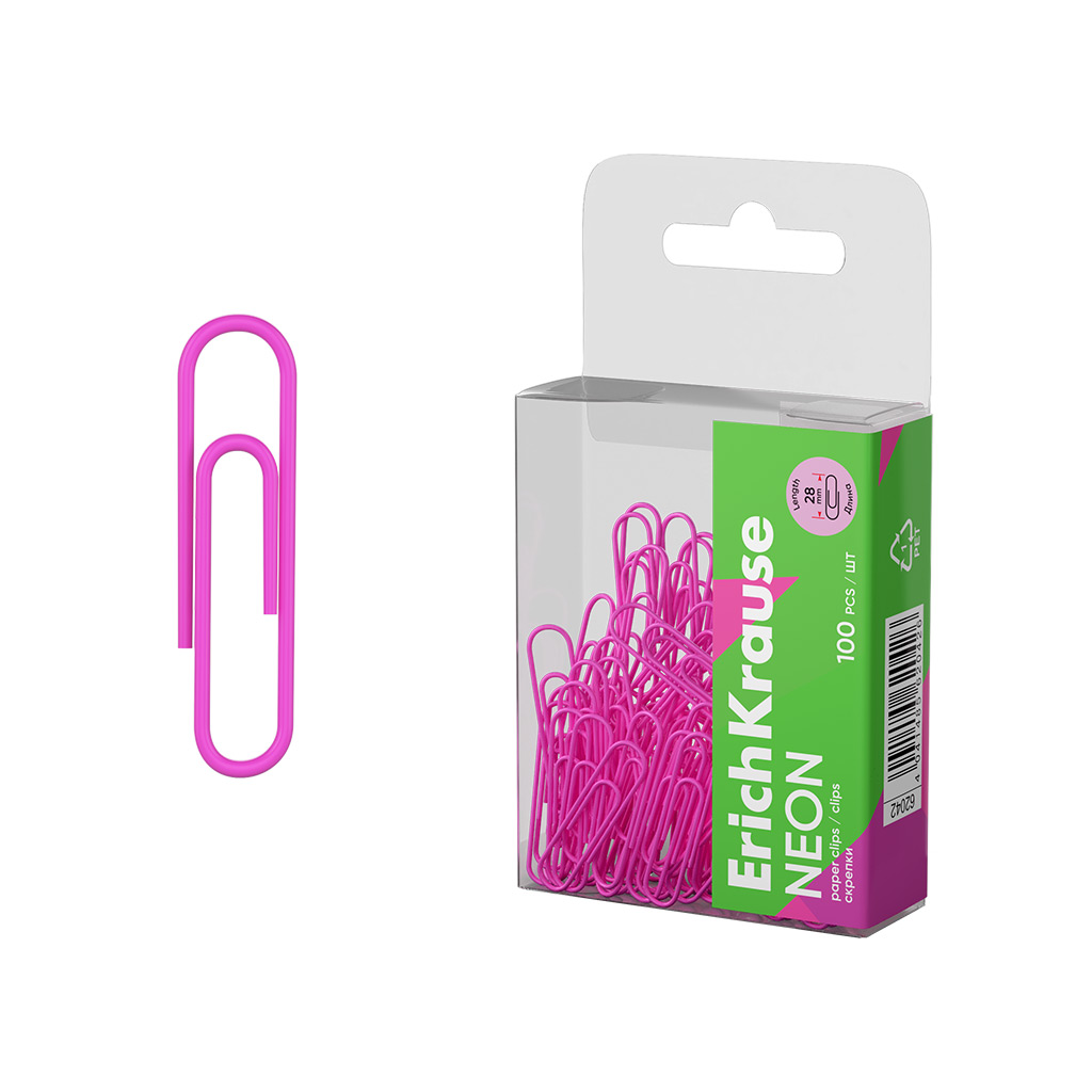 Скрепки металлические с виниловым покрытием Erich Krause Neon, 28мм, розовый (в Скрепки металлические с виниловым покрытием Erich Krause Neon, 28мм, розовый (в