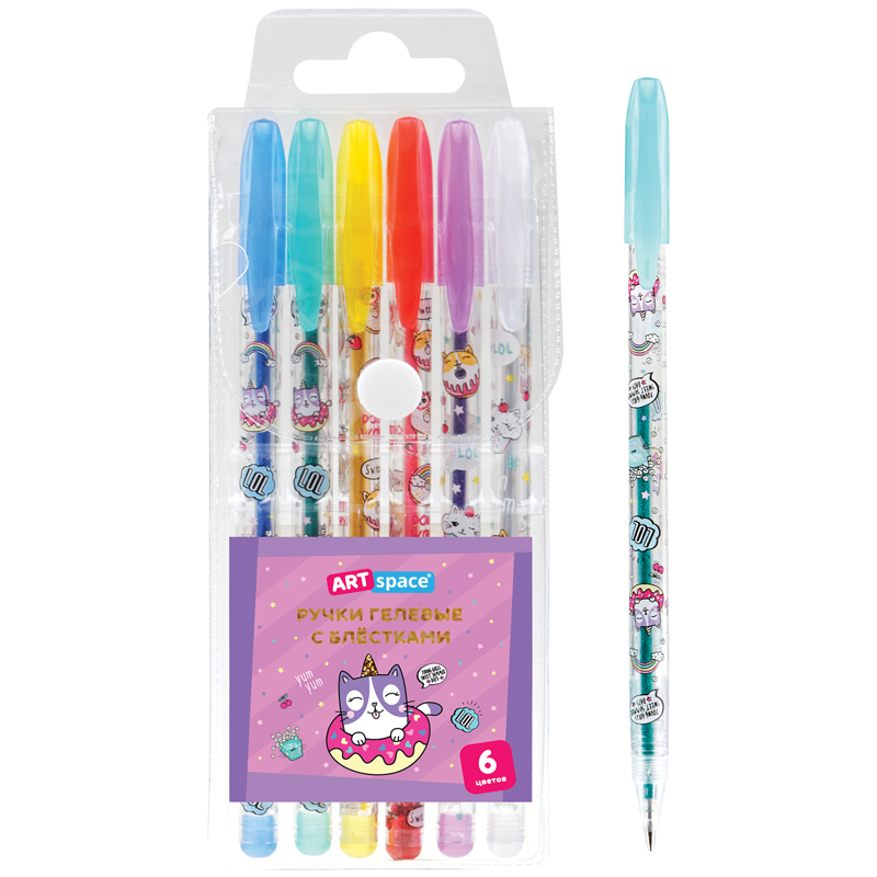 Набор гелевых ручек ArtSpace "Кот-сластена", 6цв., 1,0мм, с блестками, Набор гелевых ручек ArtSpace "Кот-сластена", 6цв., 1,0мм, с блестками,