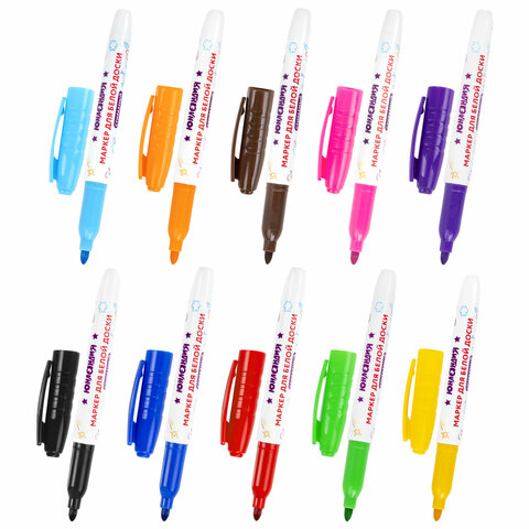 Маркеры стираемые для белой доски НАБОР 10 ЦВЕТОВ, ЮНЛАНДИЯ