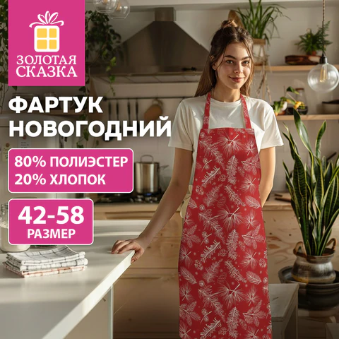 Фартук новогодний (1 шт.), 70х80 см, с изображением ЕЛОВЫХ ВЕТОЧЕК, полиэстер, Фартук новогодний (1 шт.), 70х80 см, с изображением ЕЛОВЫХ ВЕТОЧЕК, полиэстер,