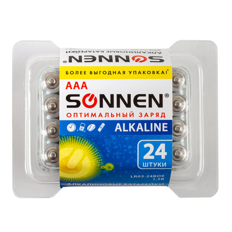 Батарейки КОМПЛЕКТ 24 шт, SONNEN Alkaline, ААА (LR03, 24А), алкалиновые, Батарейки КОМПЛЕКТ 24 шт, SONNEN Alkaline, ААА (LR03, 24А), алкалиновые,