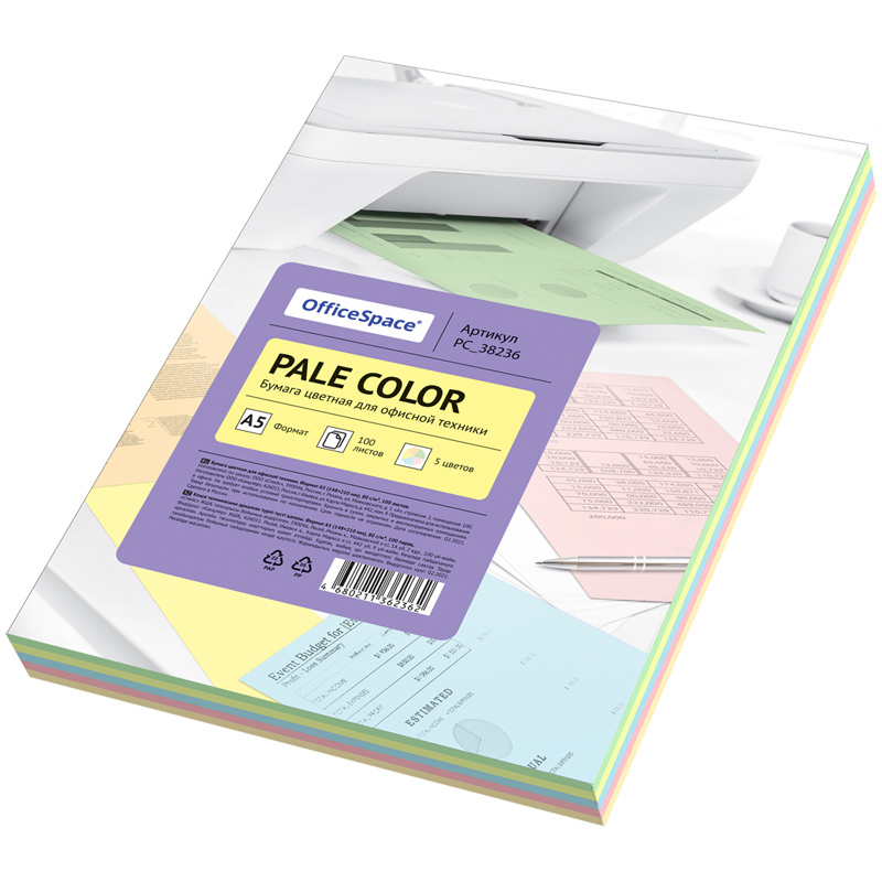 Бумага цветная OfficeSpace "Pale Color", A5, 80 г/м?, 100л., (5 Бумага цветная OfficeSpace "Pale Color", A5, 80 г/м?, 100л., (5
