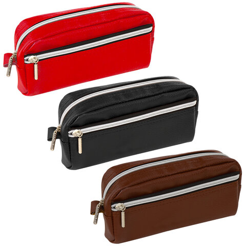 Пенал-косметичка BRAUBERG под фактурную кожу, ассорти, коричневый, красный, Пенал-косметичка BRAUBERG под фактурную кожу, ассорти, коричневый, красный,