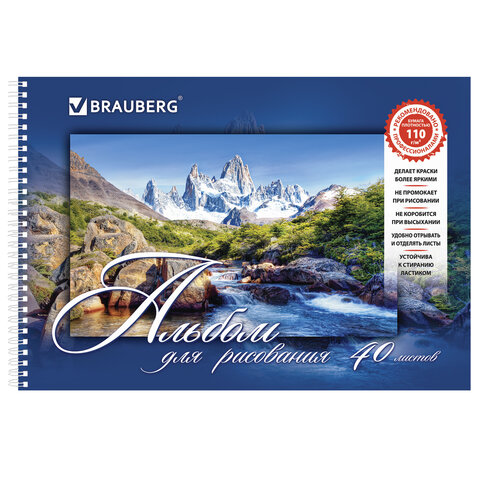 Альбом для рисования, А4, 40 листов, гребень, обложка картон, BRAUBERG, 205х290 Альбом для рисования, А4, 40 листов, гребень, обложка картон, BRAUBERG, 205х290
