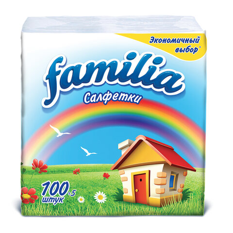 Салфетки бумажные 100 шт., 24x23 см, FAMILIA, белые, 100% целлюлоза, 5039302 Салфетки бумажные 100 шт., 24x23 см, FAMILIA, белые, 100% целлюлоза, 5039302