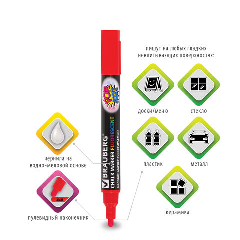 Маркер меловой BRAUBERG "POP-ART", сухостираемый, для гладких