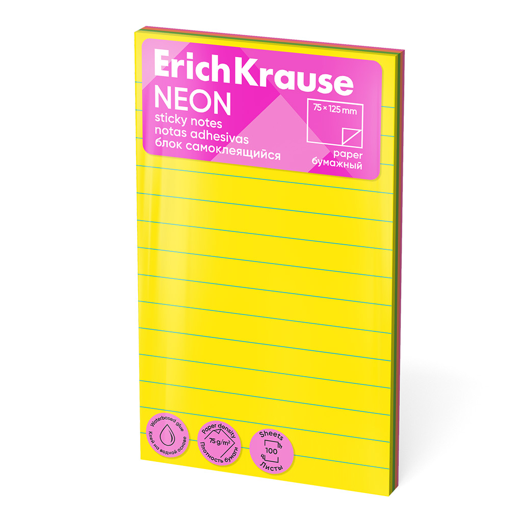 Блок самоклеящийся бумажный ErichKrause Neon, 75х125 мм, 100 листов, ассорти Блок самоклеящийся бумажный ErichKrause Neon, 75х125 мм, 100 листов, ассорти
